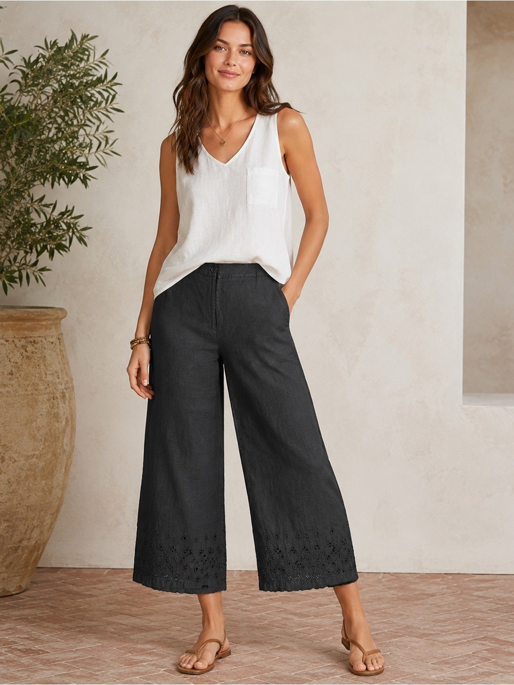 Talbots Pure Irish Linen Embroidered Crop Pants Women's Size 14 Black Wide Leg